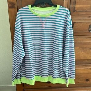 NWOT Women’s Pink And Aqua Blue Striped Top With Lime Green Trim Size 2XL